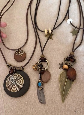 新中式禅意古铜羽毛项链女双层叠戴复古民族风毛衣链波西米亚配饰