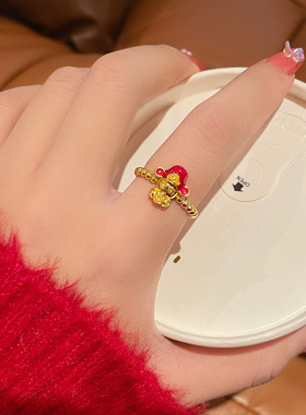 「岁岁有金」财神爷新年红色可调节素圈戒指女小众设计情侣食指戒