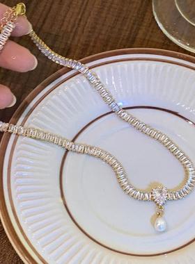 法式赫本风晚宴闪亮锁骨链choker性感迷人项链轻奢高级感珍珠颈链