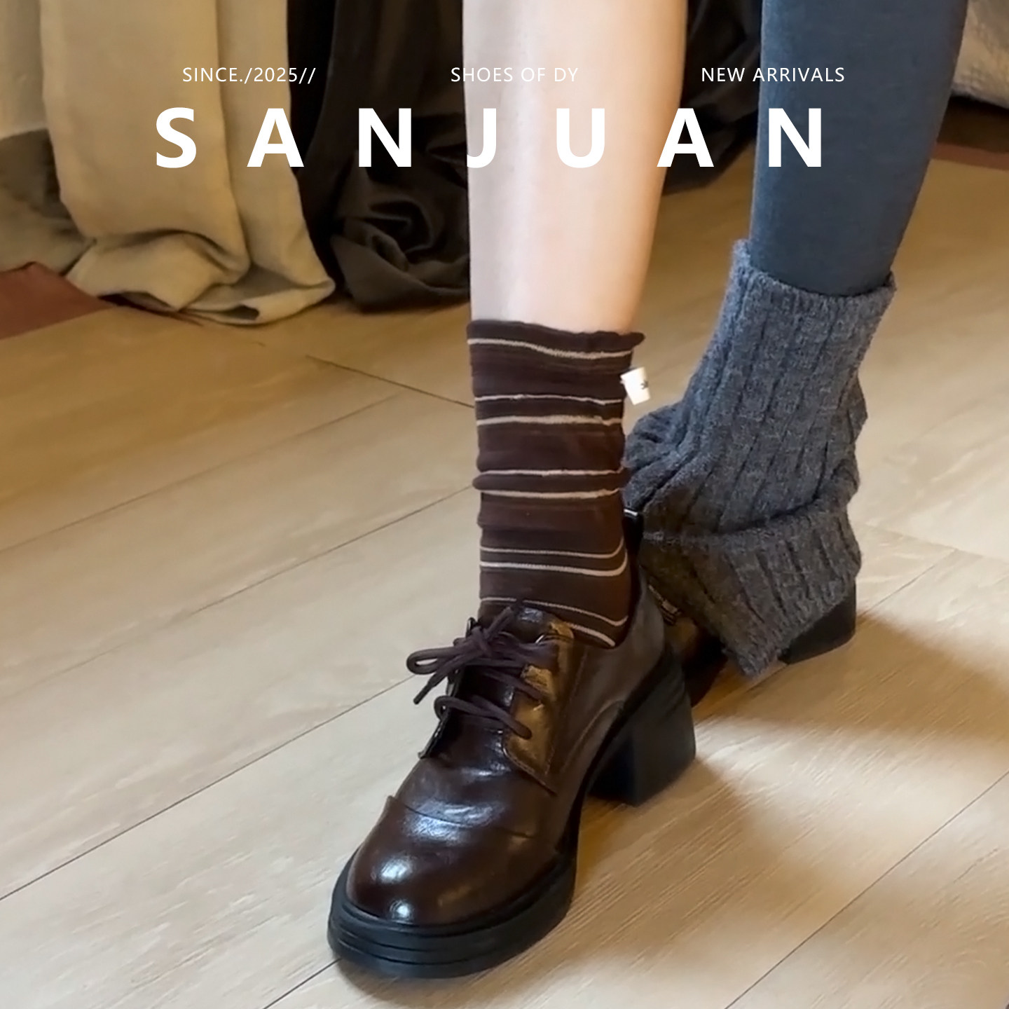 羊皮版sanjuan三卷加绒小皮鞋英伦风厚底增高单鞋棕色高跟鞋粗跟,淘宝优惠券,粉丝福利购,淘宝优惠卷