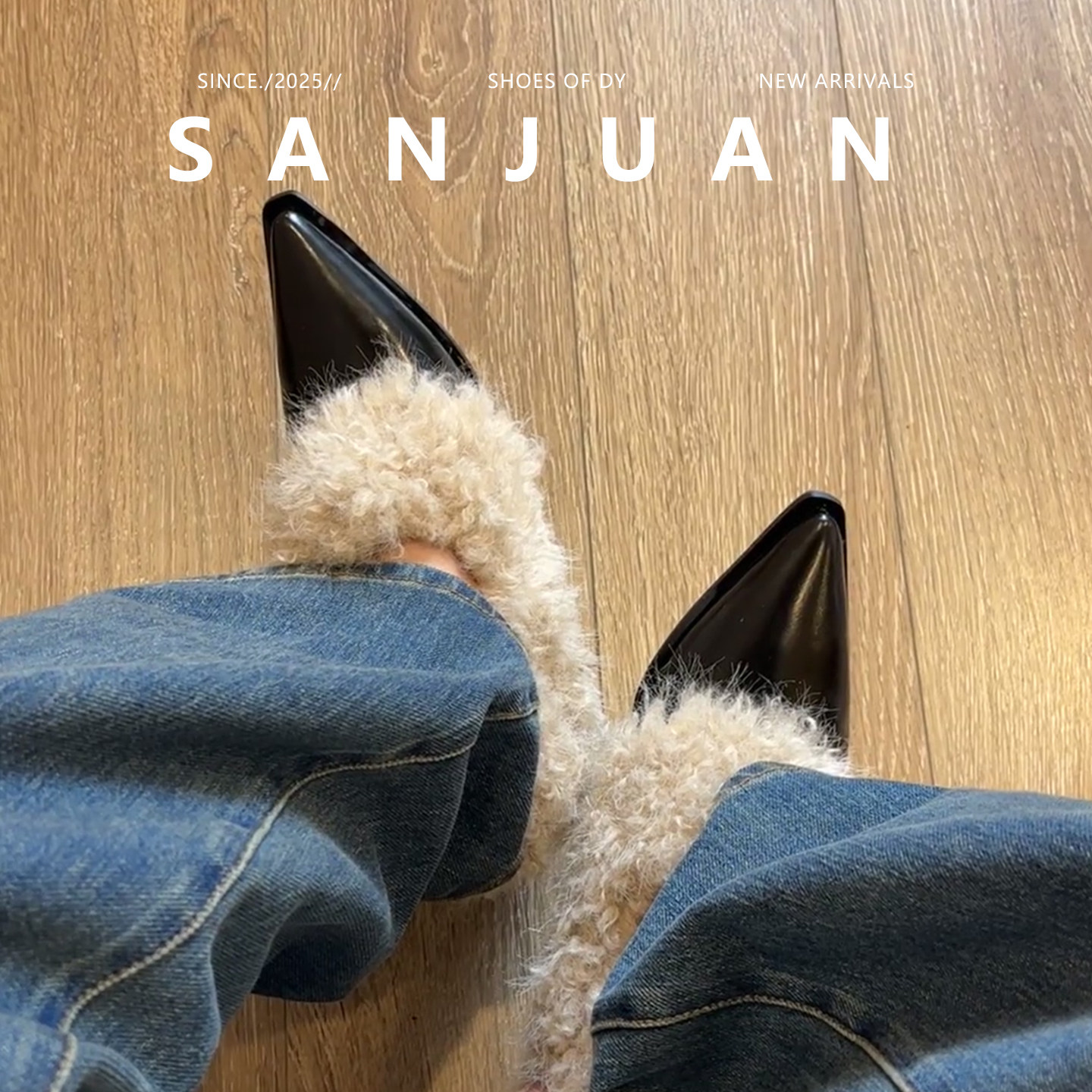 羊皮版sanjuan三卷羊羔毛毛毛鞋外穿尖头粗跟高跟鞋保暖加绒单鞋,淘宝优惠券,粉丝福利购,淘宝优惠卷