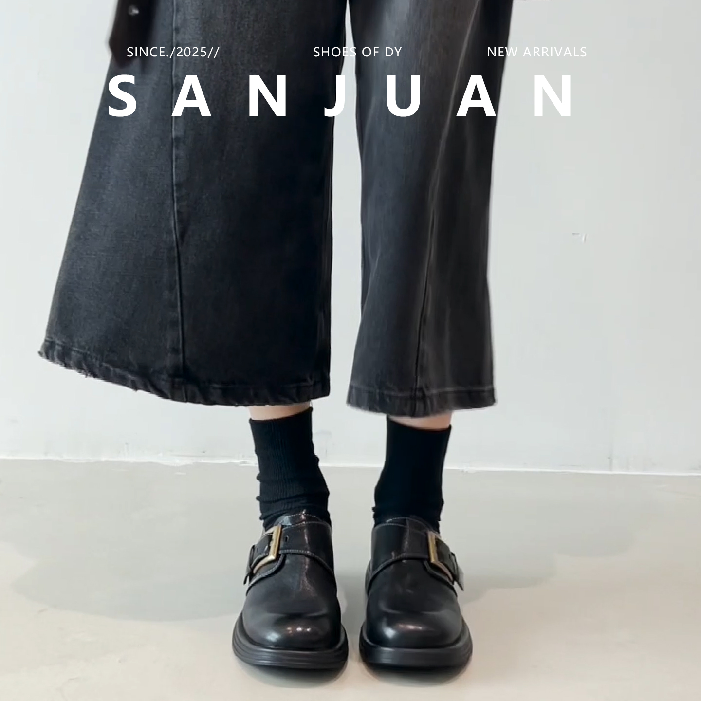 羊皮版sanjuan三卷厚底圆头复古学院风小皮鞋女皮扣一脚蹬乐福鞋 - 图0