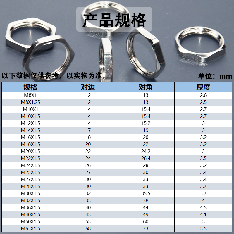 金属六角螺母黄铜镀镍锁母夹紧螺纹螺母 M8M10M12M16M18M20M32M40 - 图1