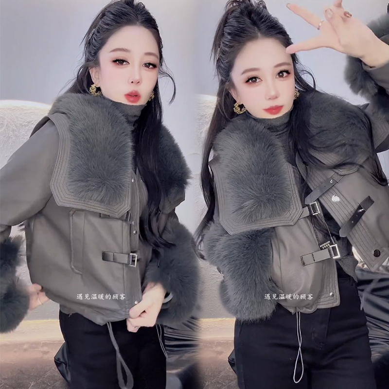 皮毛一体短款外套女2025冬季欧货复古大毛领加绒加厚皮夹克上衣潮 - 图3