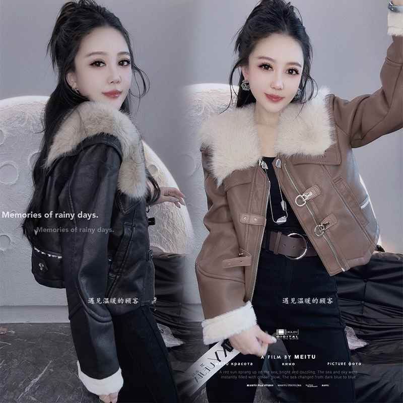 大毛领短外套女2025冬季新款欧货加绒加厚保暖时尚皮毛一体夹克潮 - 图2