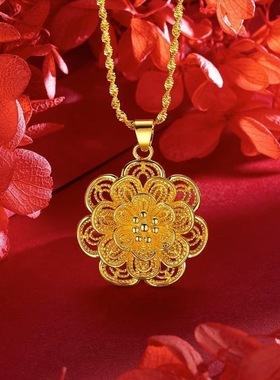 【中秋送礼+礼盒】越南沙金项链女黄铜镀金吊坠项链水波纹锁骨ML