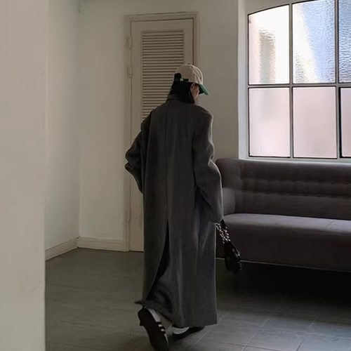 2525秋冬新款韩版毛呢外套女加长款加厚廓形赫本风高个子宽松大衣 - 图2