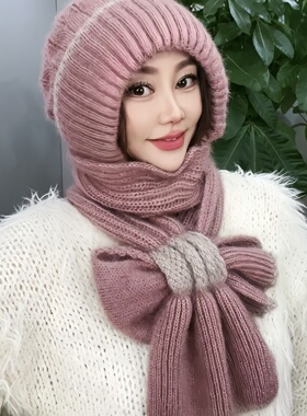 新款帽子围巾一体加绒加厚女冬季毛线编织风雪帽松鼠绒保暖网红帽