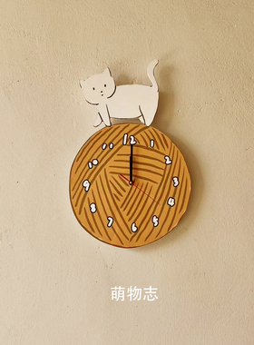 可爱小猫线团挂钟简约挂钟原木风时钟挂表 网红挂钟奶油风挂钟表