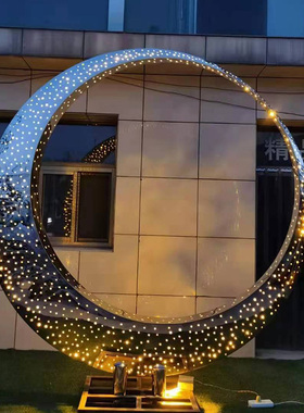 定制小鹿雕塑不锈钢发光月亮摆件