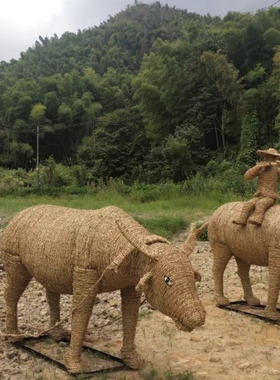 定制稻草小兔子雕塑人物草雕像农耕丰收粮仓动物卡通手工编织摆件