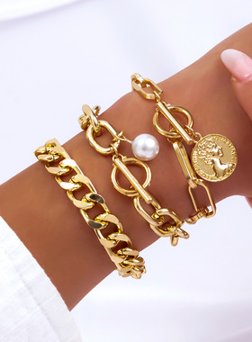 欧美跨境饰品 复古仿珍珠链条串珠手链 简约几何爱心水钻百搭手镯