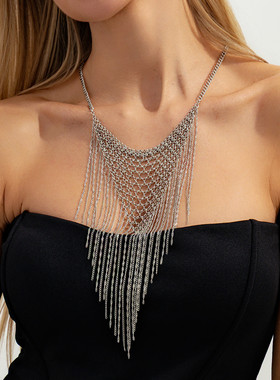欧美跨境重工金属网状流苏项链夸