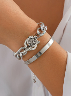 欧美跨境不规则双环镂空弹簧开口手镯 甜酷复古吊坠圆珠叠戴手饰