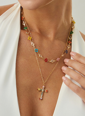 欧美跨境气质彩色四叶花朵十字架