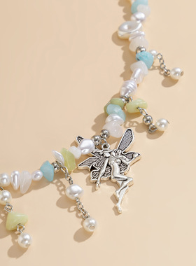 欧美跨境饰品 彩色碎石串珠甜美项链女 锁骨链田园风天使吊坠项饰