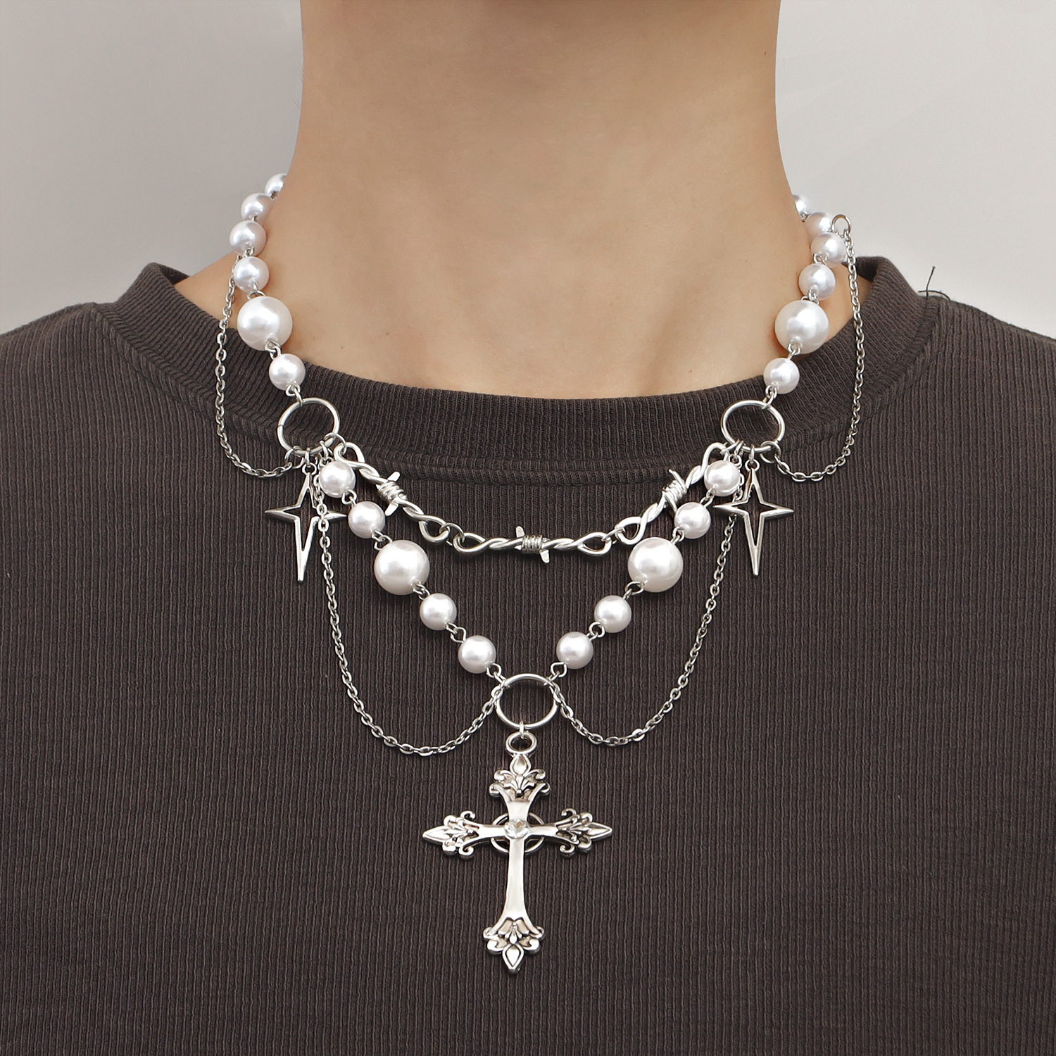欧美跨境饰品 小众设计双层高亮珍珠流苏十字星十字架项链女百搭 - 图0
