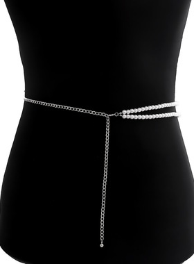 欧美跨境饰品 时尚双层仿珍珠金属风腰带腰链辣妹waist chain