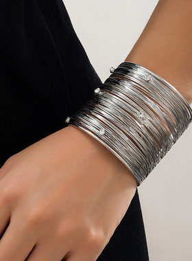 欧美跨境饰品 甜酷朋克风宽版拉丝线条手镯 夸张时尚百搭水钻手环