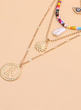 欧美跨境饰品微镶满钻恶魔之眼吊坠项链多层复古几何米珠圆环项饰