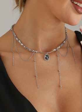 欧美跨境饰品清冷感黑钻流苏项链