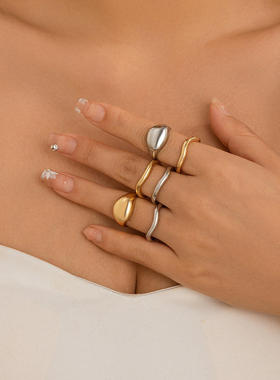 欧美跨境小众镂空液态设计感戒指简约不规则熔岩开口光面Ring套装