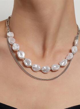 欧美跨境饰品 女士不规则扁形珍珠项链 创意朋克新款个性链条项饰