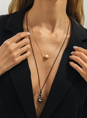 欧美跨境ins镂空水滴双层项链女