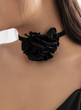 欧美跨境饰品 手工玫瑰花朵时尚个性项链 夸张植绒布法式项圈颈链