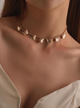 欧美跨境饰品 7个蝴蝶扁平竹节水钻项链女 气质流行短款颈链项饰
