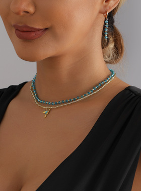 欧美跨境饰品小众百搭多层蓝水晶