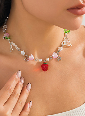 欧美跨境ins气质辣妹草莓项链