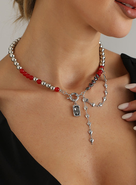 欧美跨境饰品甜酷黑红撞色串珠项