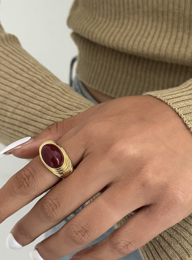 欧美跨境复古法式红宝石开口戒指