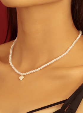 简约手工串珠仿珍珠小号迷你爱心吊坠项链女创意气质圆珠链条项饰