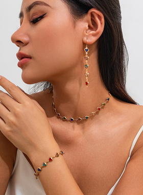 欧美跨境复古个性锁骨链方形彩钻