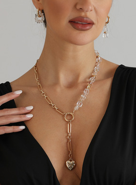 欧美跨境饰品爱心镶钻水晶项链耳