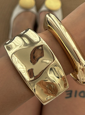 夸张宽手镯跨境重工金属风液态敲打纹小众手环欧美不规则Bracelet