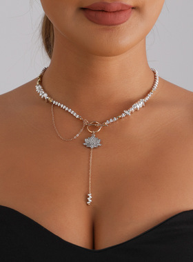 欧美跨境饰品几何三角镶钻莲花项