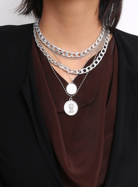 欧美necklace跨境多层嘻哈女王头