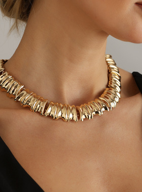欧美跨境饰品鎏金褶皱夸张金属项