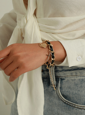 欧美跨境饰品 多元素十字架天使圆盘宝石手链女 粗链皮革个性手饰