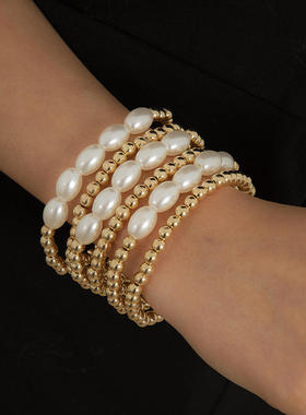 欧美跨境ins简约蝴蝶结串珠手链套装 百搭叠戴珍珠夸张多层手饰品