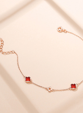 玛瑙四叶草手链女纯银ins春季森系韩版手镯闺蜜简约冷淡手饰代发