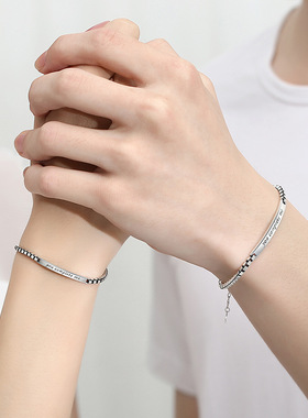 韩版ins风情侣手链925纯银小众几何字母盒子手链创意手饰七夕礼物