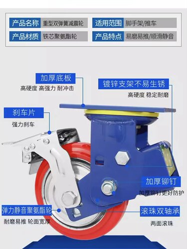 重型4寸5寸6寸8寸双弹簧减震万向脚轮PU聚氨酯牵引载重轮子 - 图1