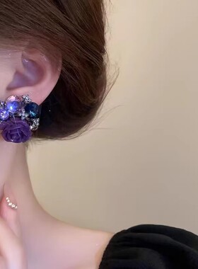 925银针紫色花朵耳钉女小众设计复古气质耳环2025新款高级感耳饰