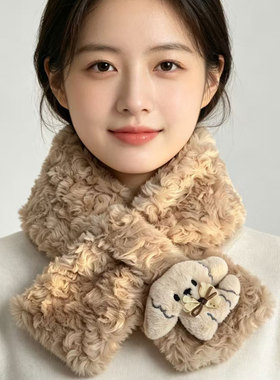 可爱卡通小狗日常百搭毛绒围巾女秋冬加厚保暖甜美日系围脖套学生