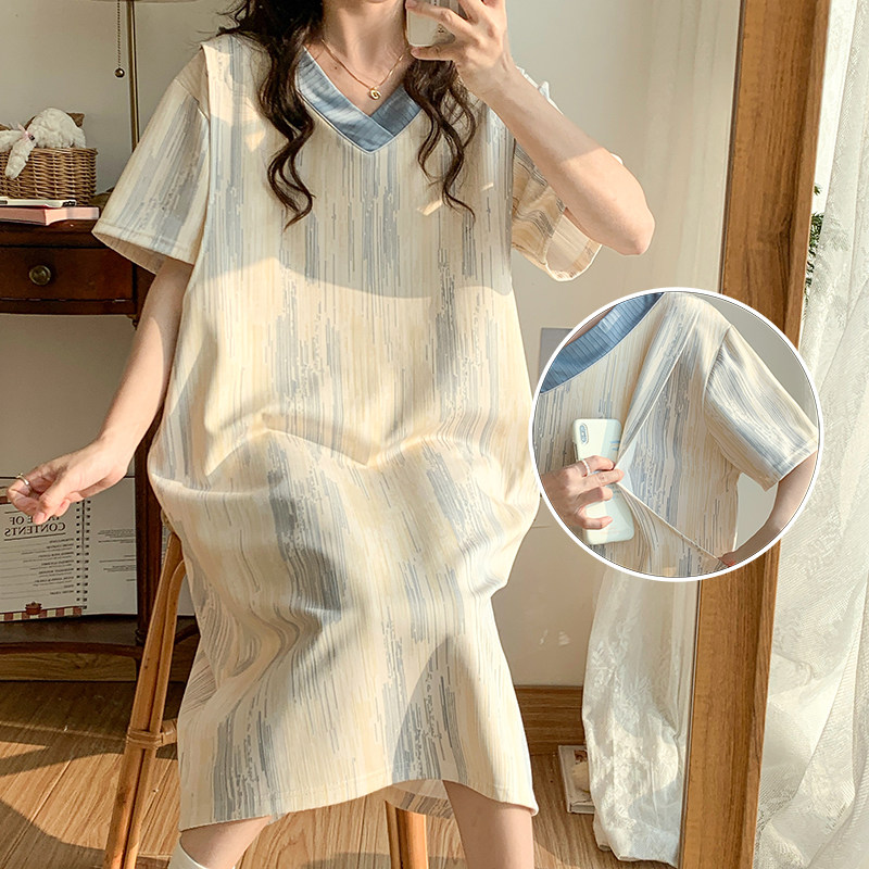 孕妇短袖哺乳睡裙夏季特大码莫代尔月子服8产妇待产裙5月份6喂奶7,淘宝优惠券,粉丝福利购,淘宝优惠卷