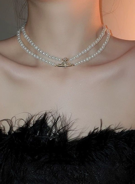 满钻小土星双层放珍珠项链